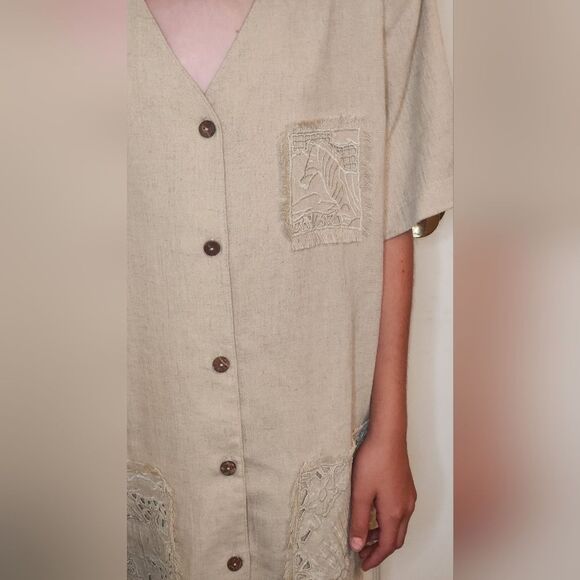 NWT Donnkenny L Beige LINEN Blend Embroidered Shrtslv Buttons Women Top Cardigan - Picture 3 of 8